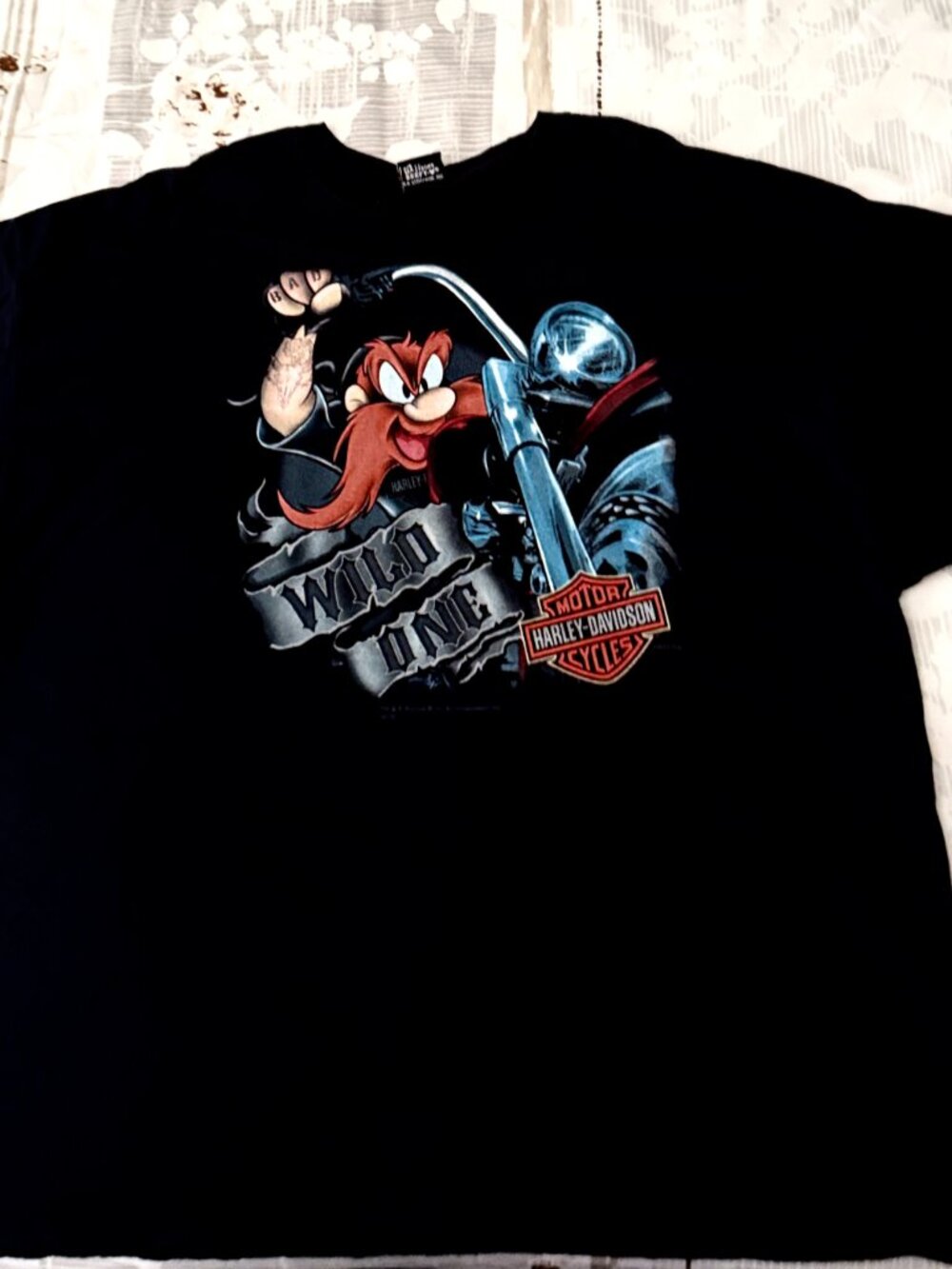 Mens Harley-Davidson Black Tee with Red and Blue Cartoon Biker Graphic Las Vegas